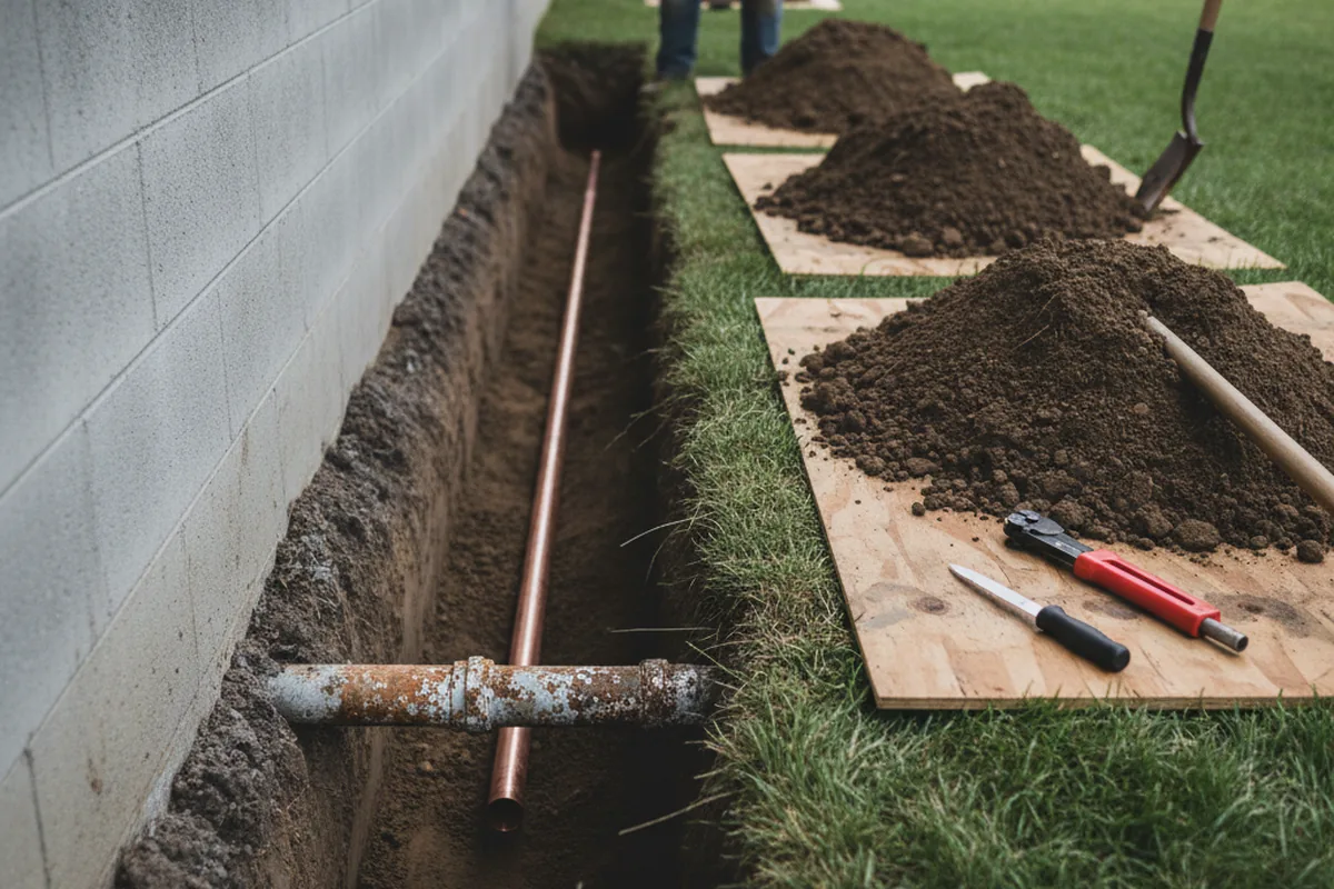 Excavated water line trench during Water Softener Installation in Capay